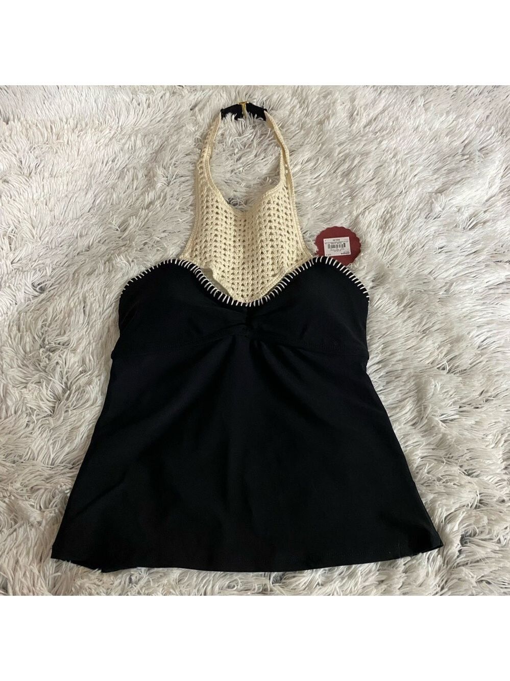 SO Natural Crochet High Neck Halter Tankini Top Black Ivory NWT Size Small
